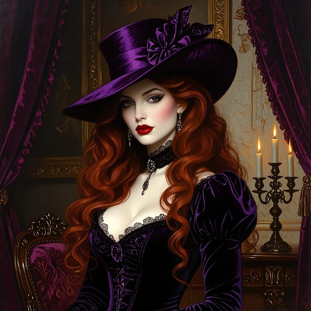 Victorian Vampire Woman in Purple Hat, Oil Painting Style