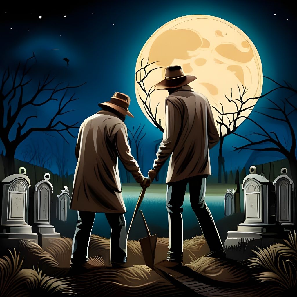 Grave Robbers Digging in Cemetery Under Full Moon