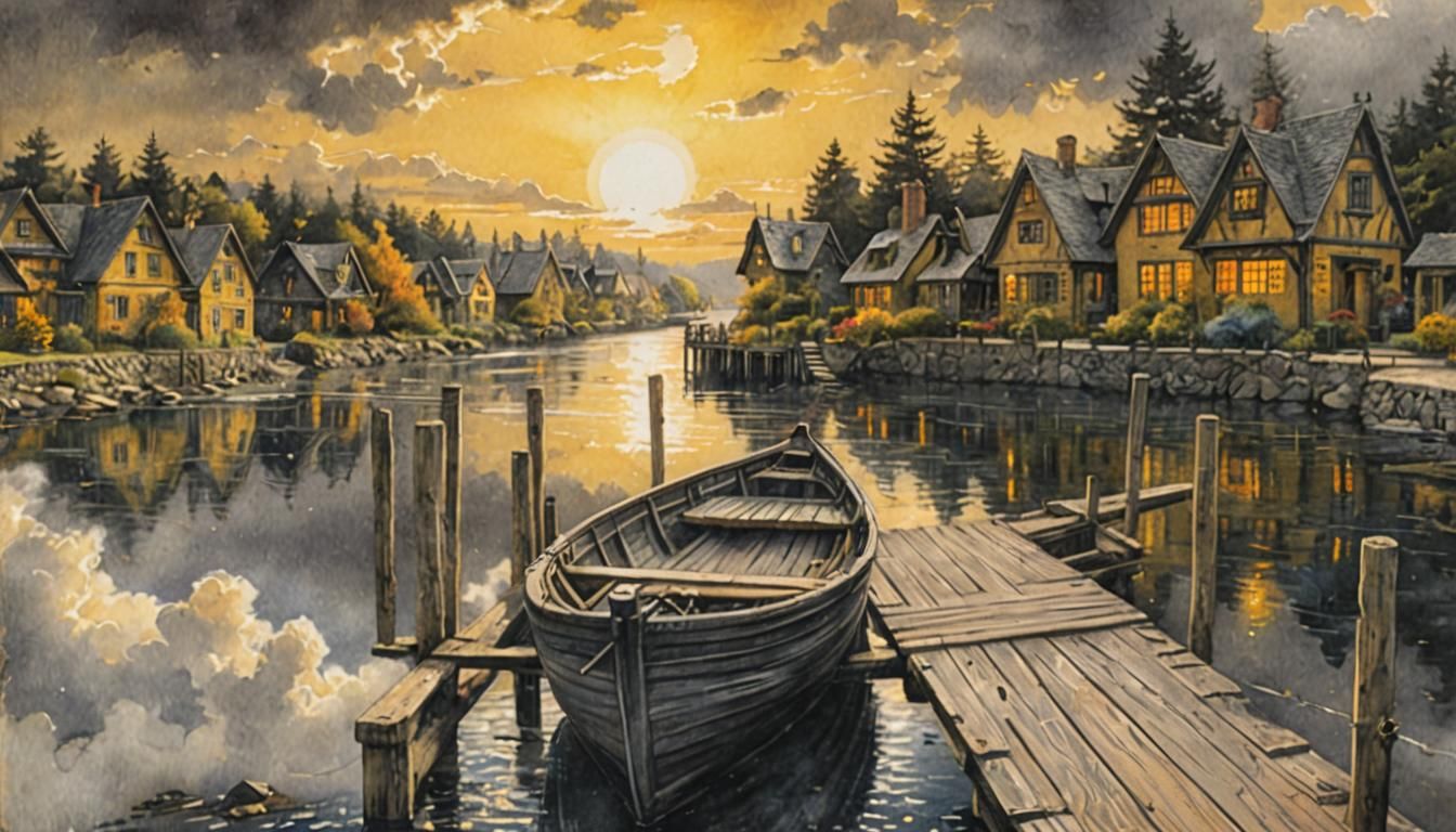 Moonlit Seaside Village: A Digital Watercolor Painting