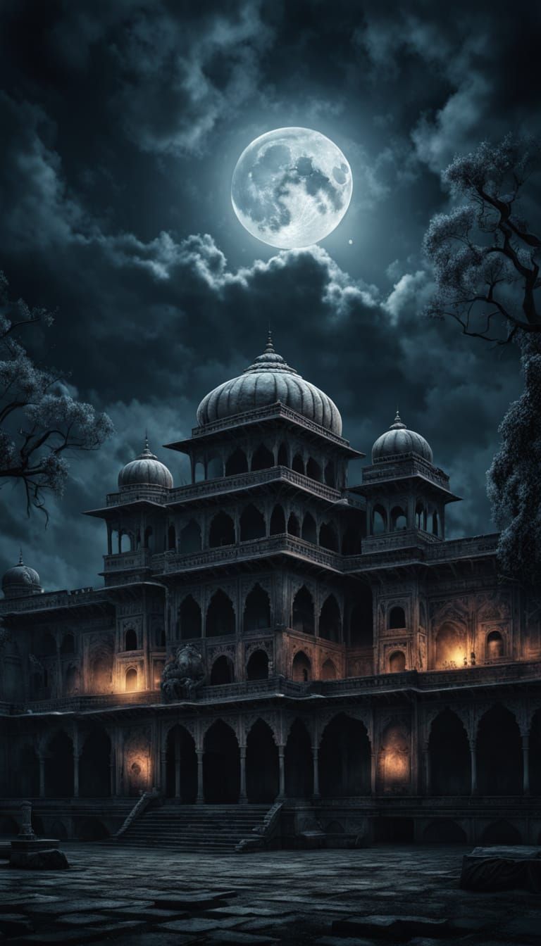 Moonlit Ruined Palace: Ancient Indian Architecture