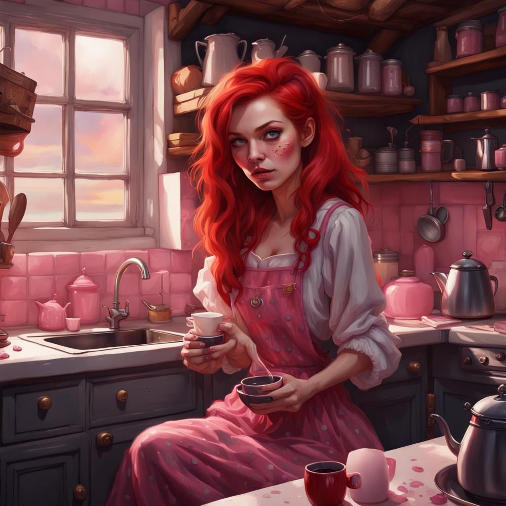 Red-Haired Witch Making Coffee, Hyperdetailed Digital Art