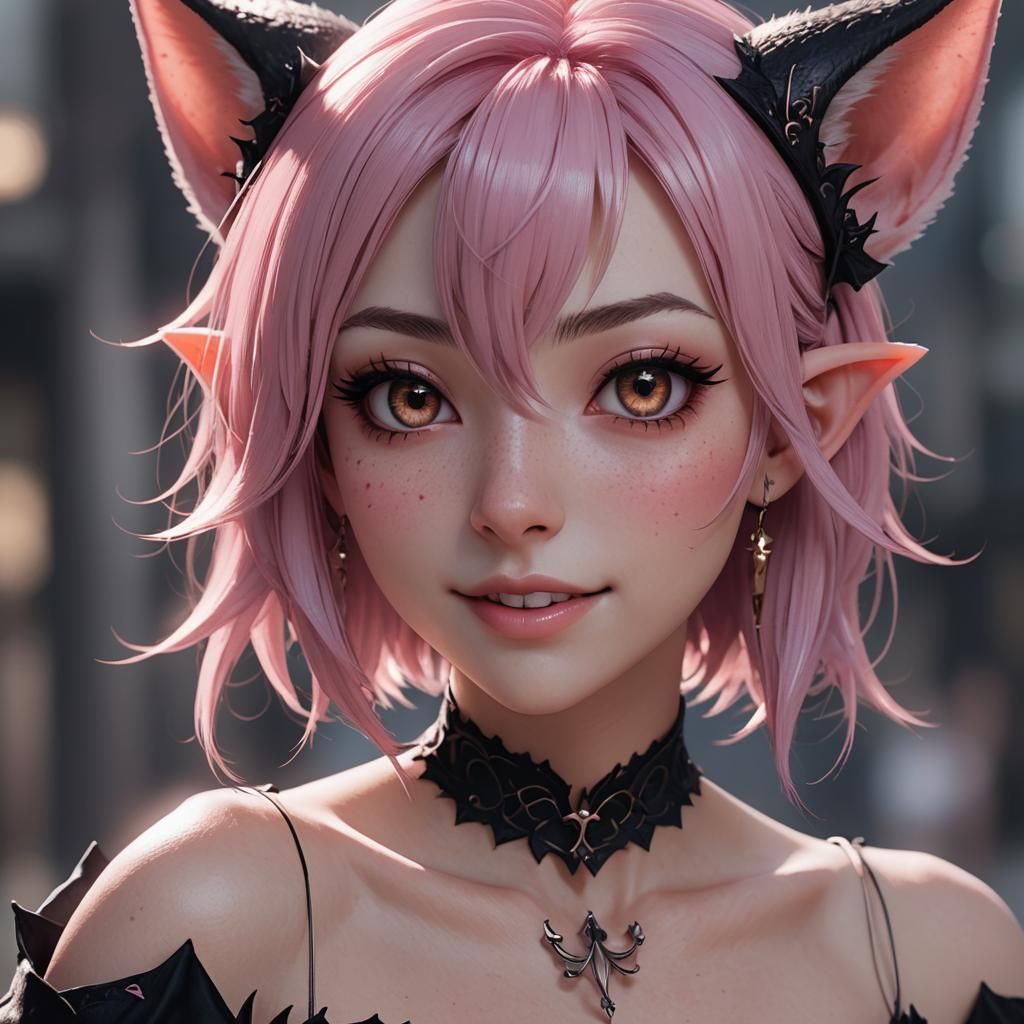 Goth Elf Catgirl in Detailed 3D Anime Style