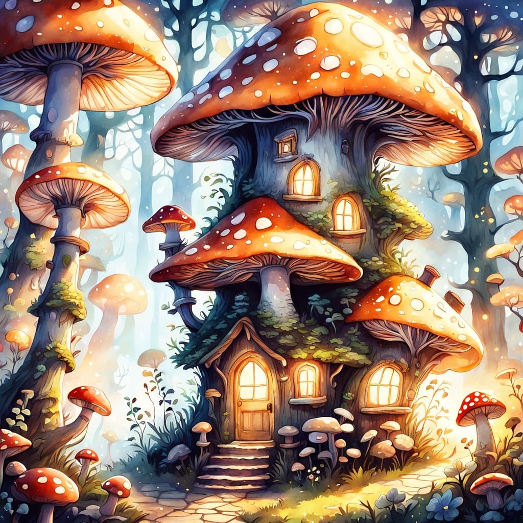 Whimsical Mushroom Village in Watercolor Style