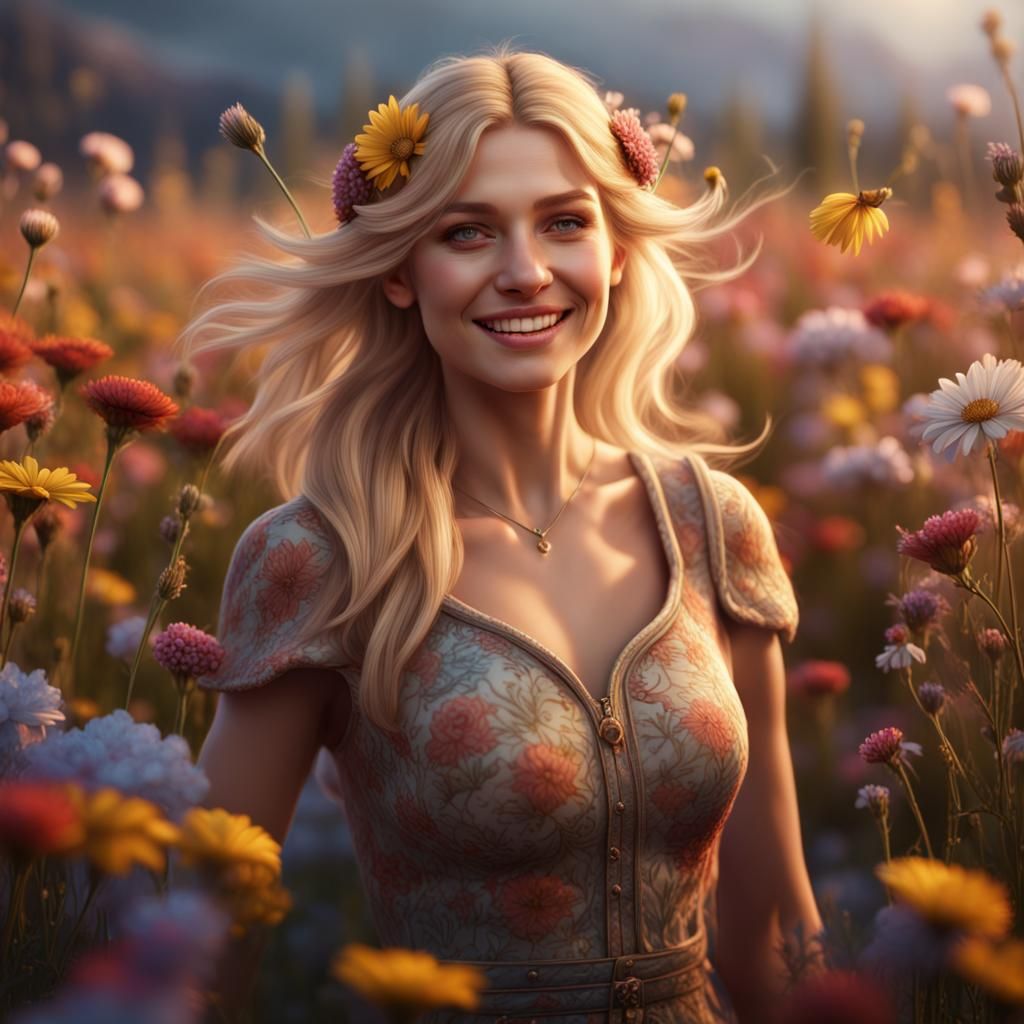 Blonde Woman in Flower Field: Fantasy Art