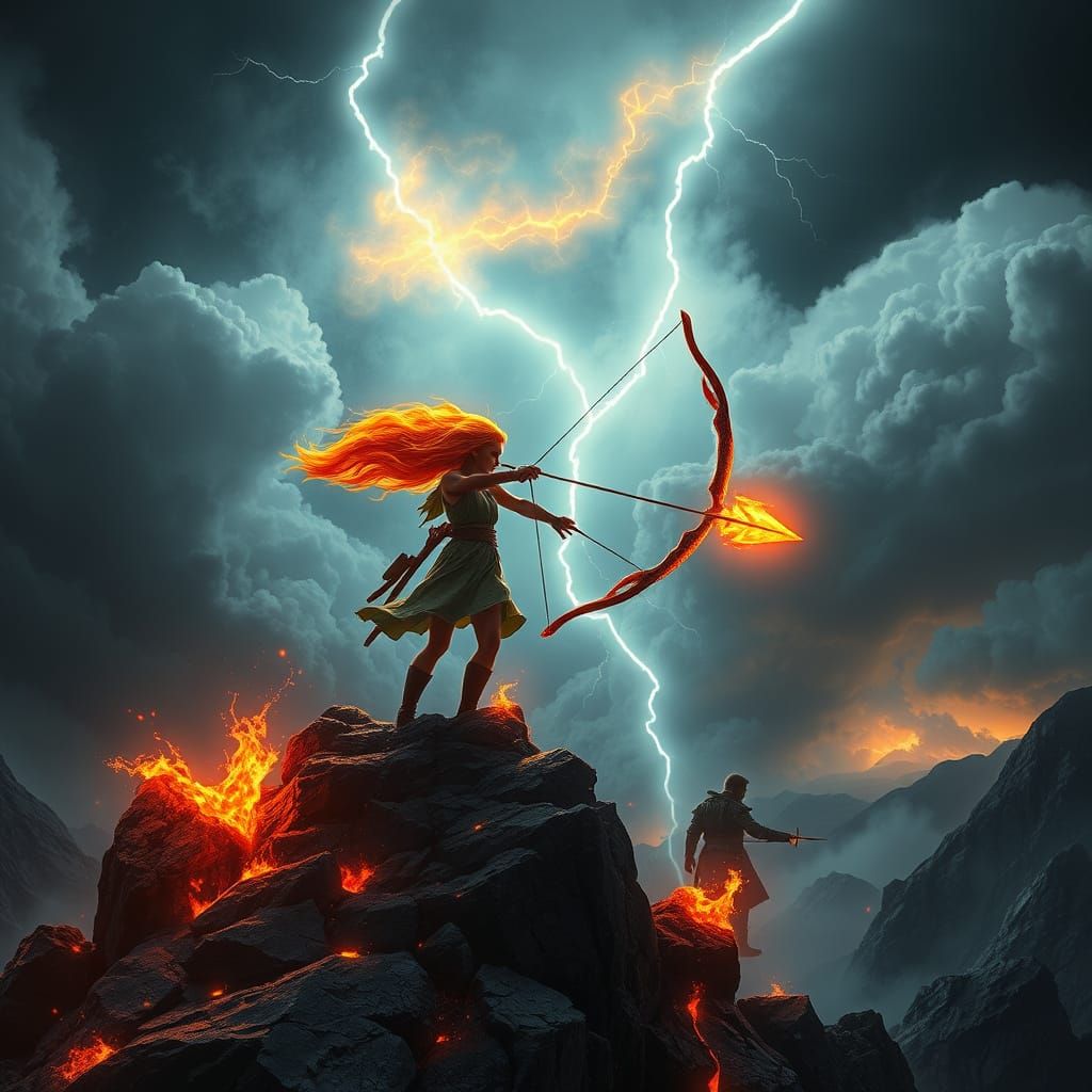 Fiery-Haired Girl Defies the Storm in a Dazzling, High-Contr...