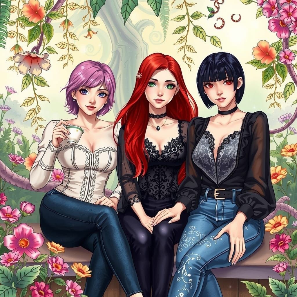 Peony, Akane and Moon enjoying a spot of tea.