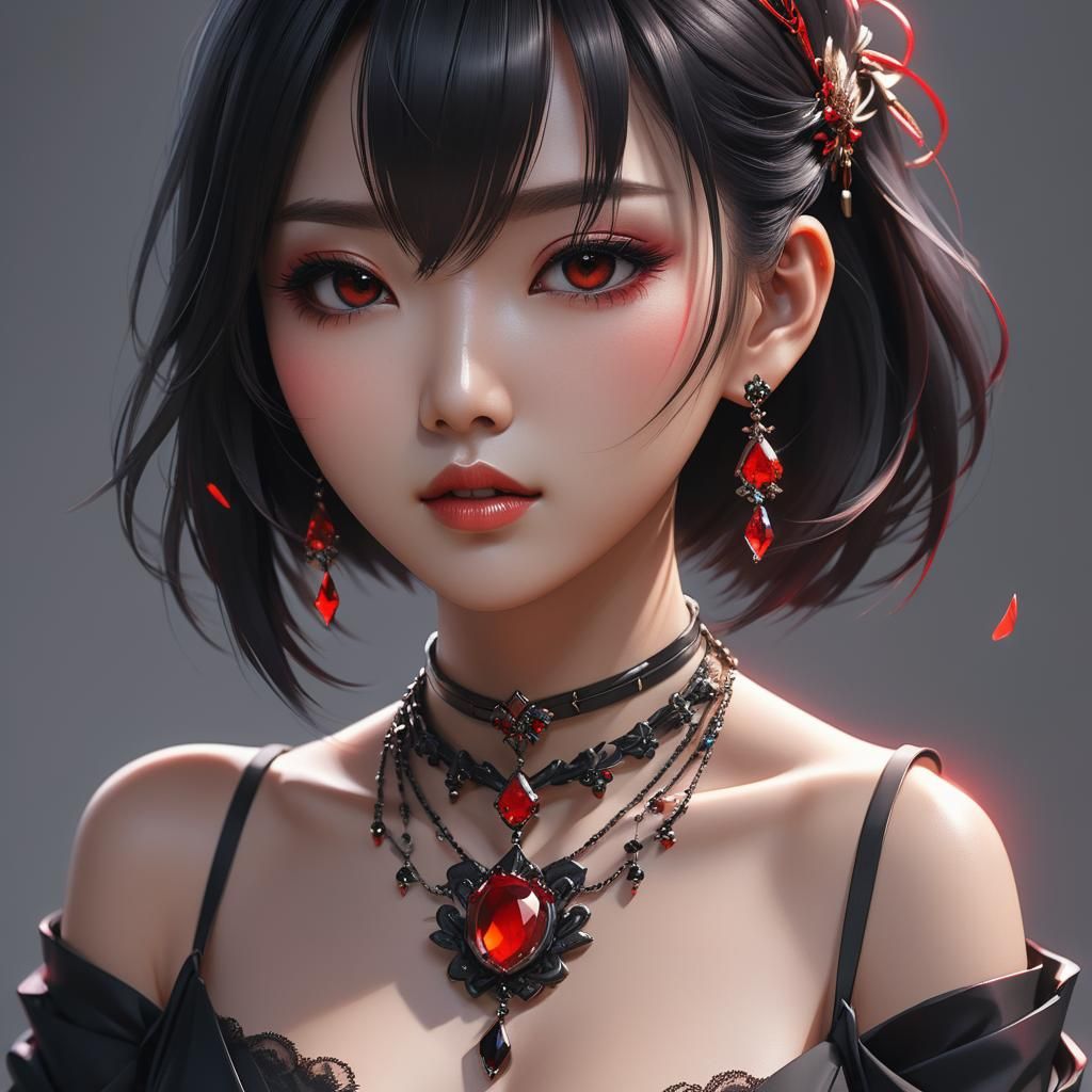 Anime 3D Portrait: Asian Girl with Red Stone