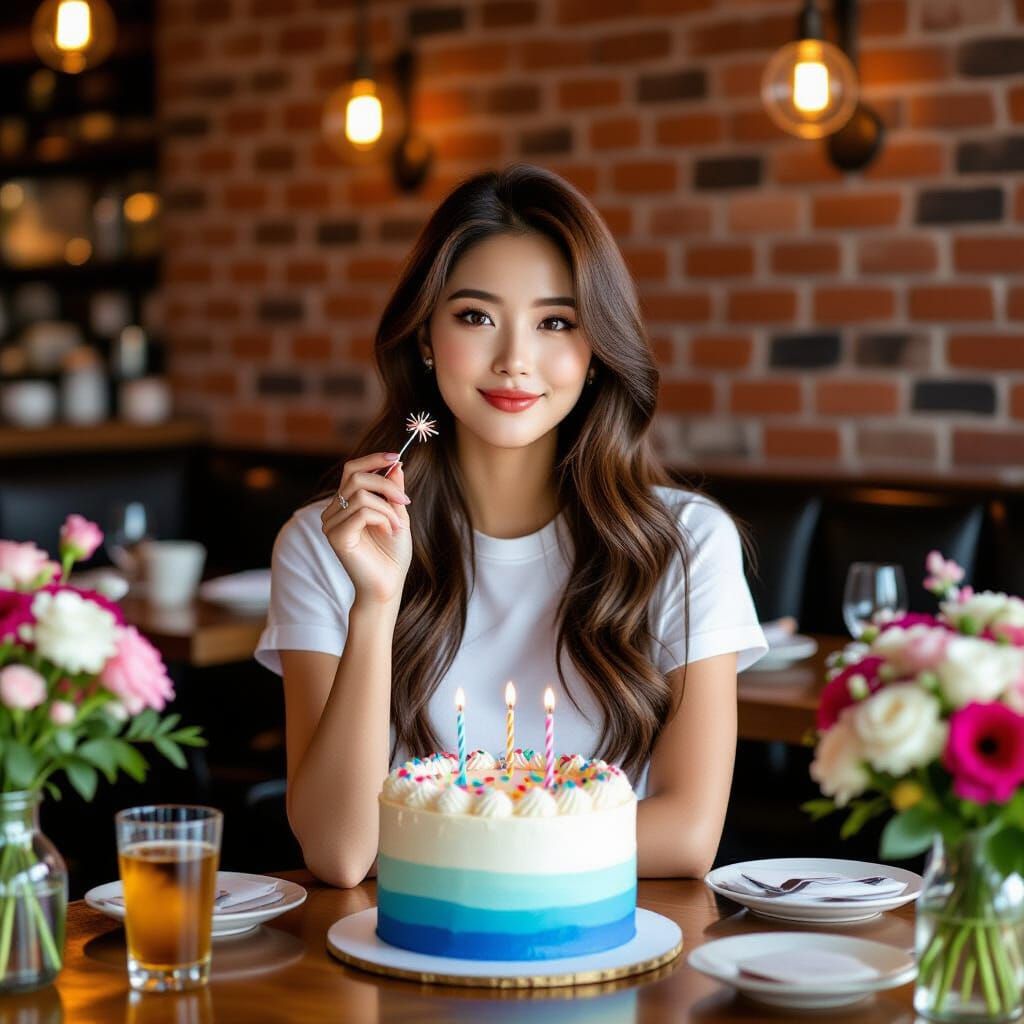 Korean Woman's Birthday Celebration in Restaurant