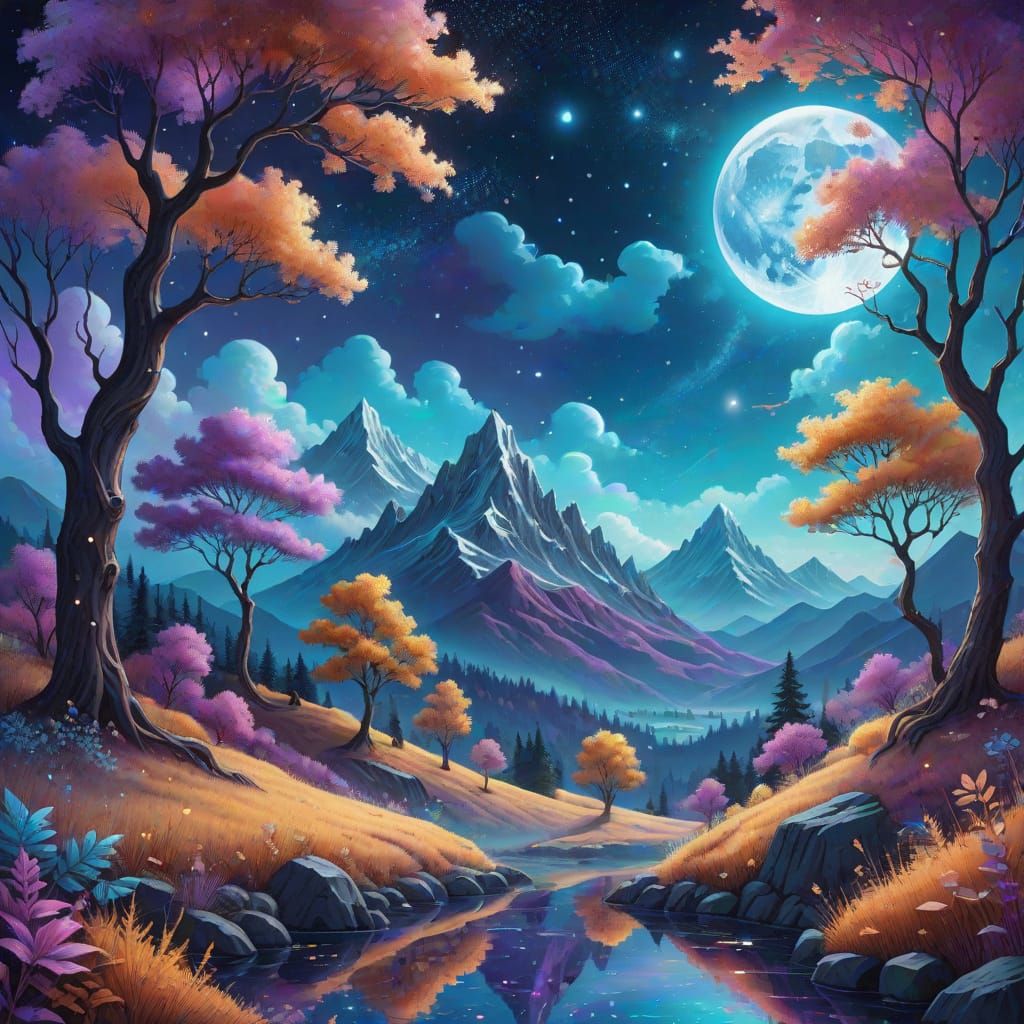 Mystical Autumn Moonlit Landscape in Mixed Media
