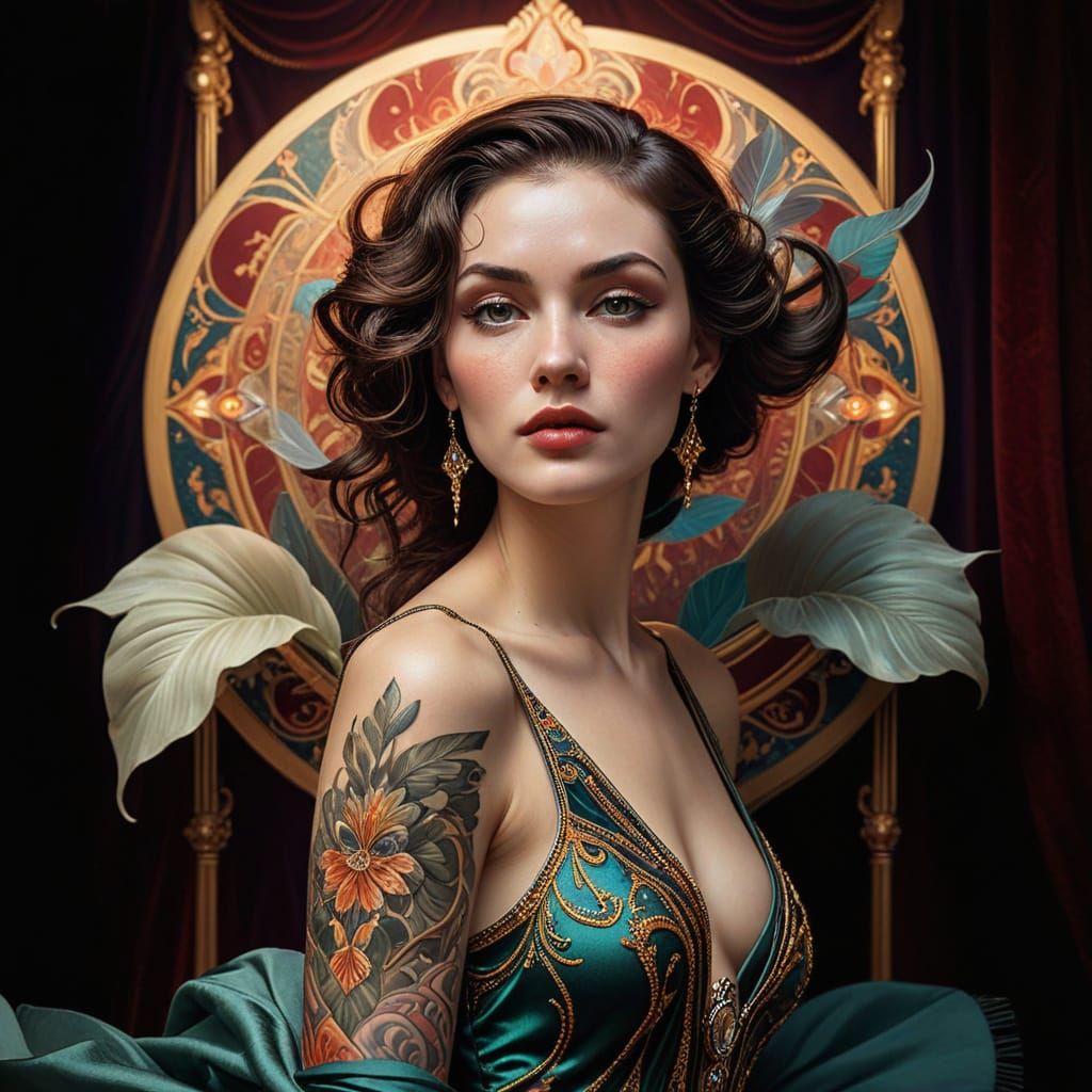 Woman in Luxurious, Velvet-Draped Setting, with Intricate Ta...