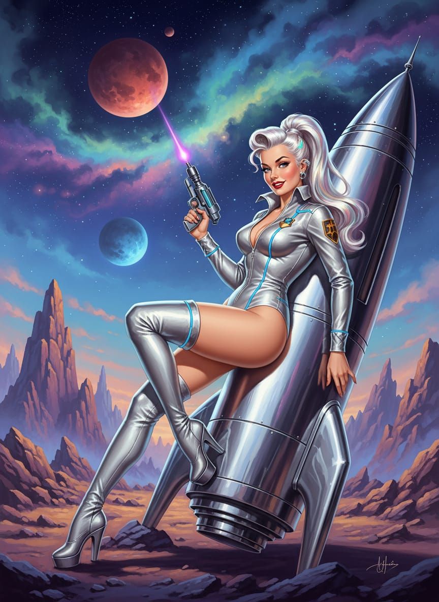 Retro Pin-Up Girl With Ray Gun on Mars
