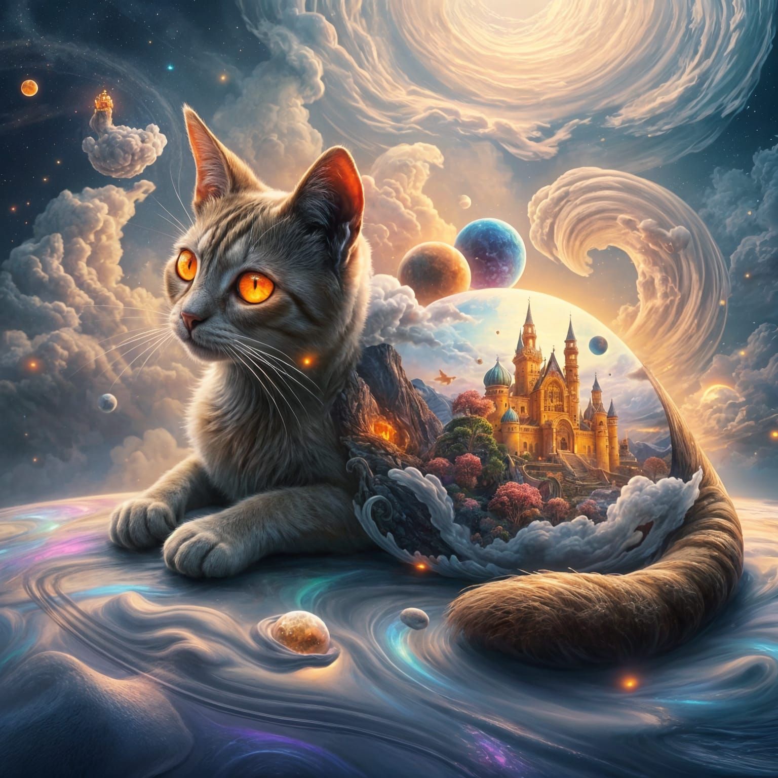 Whimsical Feline Cosmogony in Vibrant, Dreamlike Style
