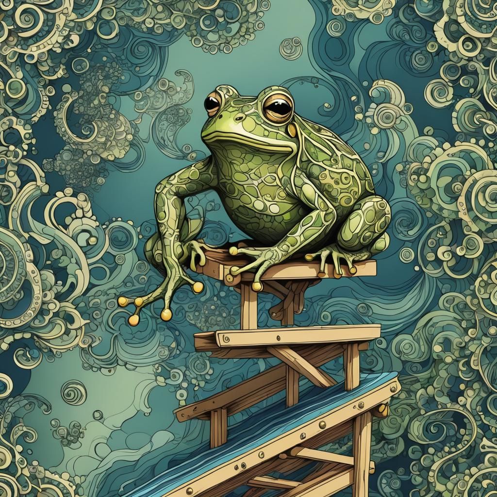 Frog on a diving board. He is westing swim trunks