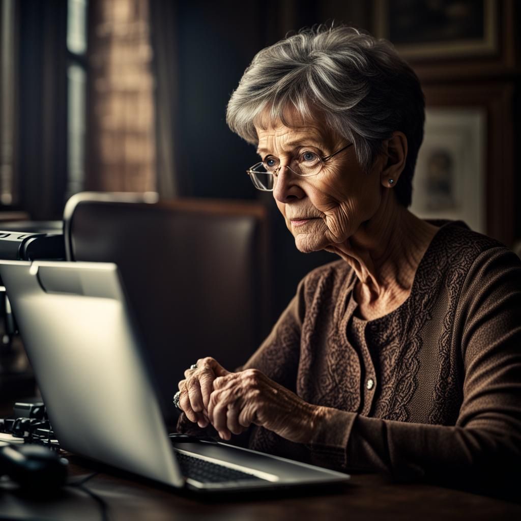 Elderly Woman at Computer: Hyperrealistic Digital Render