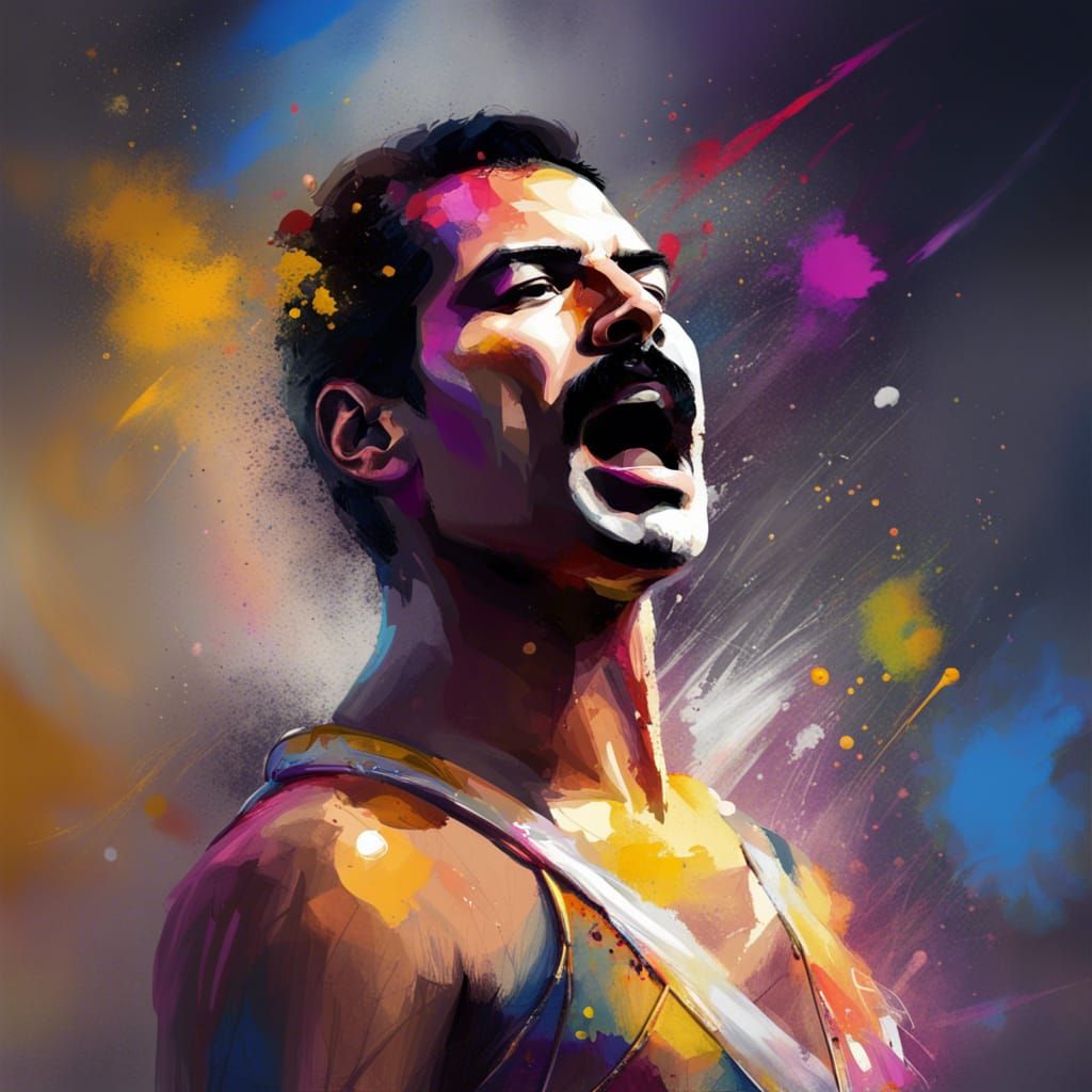 Psychedelic Portrait of Freddie Mercury in Splatter Art Styl...