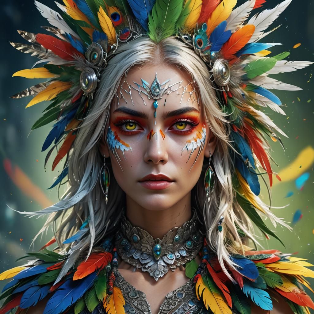 Surreal Portrait: Silver Woman with Feathers in Digital Art