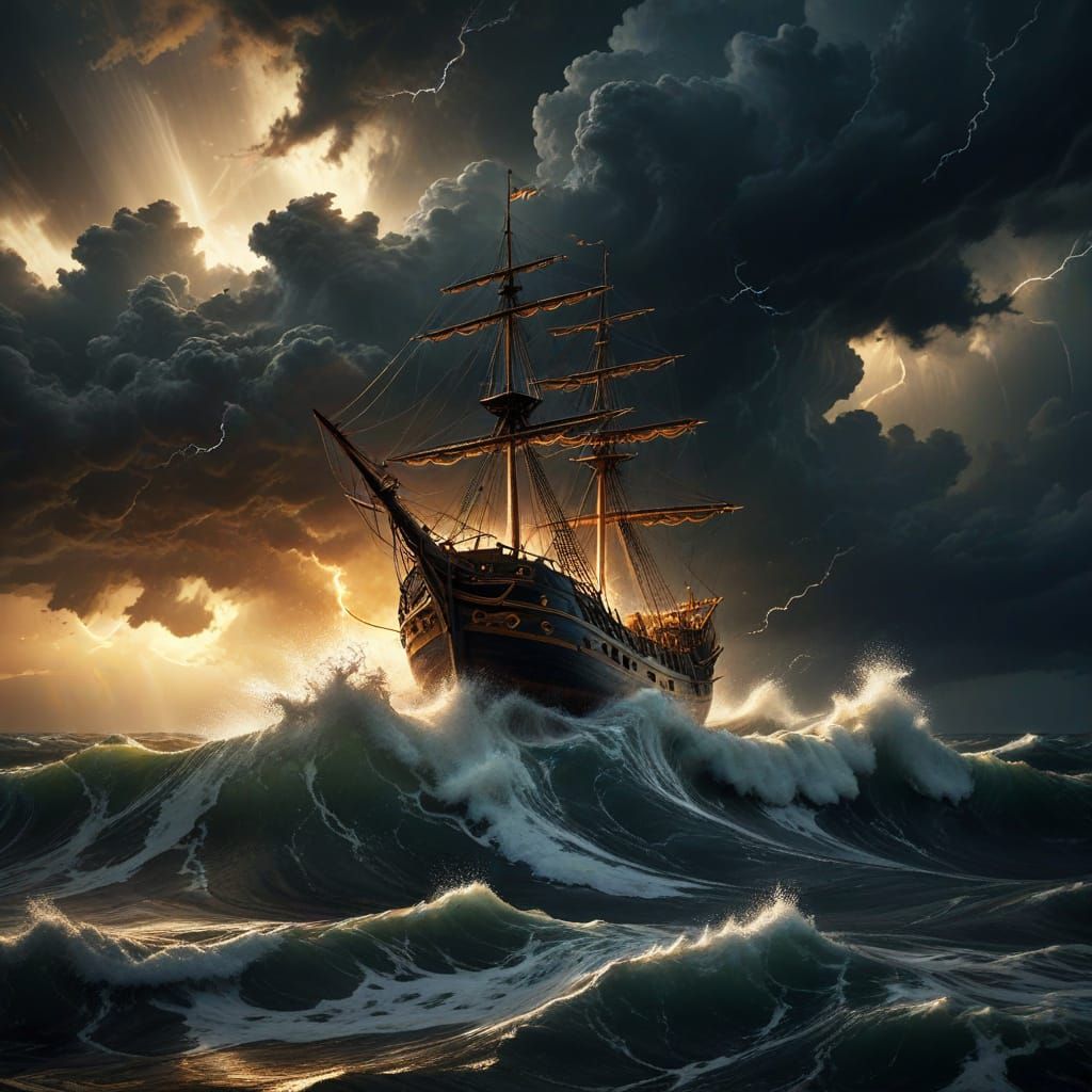 Old Wooden Ship Battles Turbulent Stormy Seas in Epic Seasca...