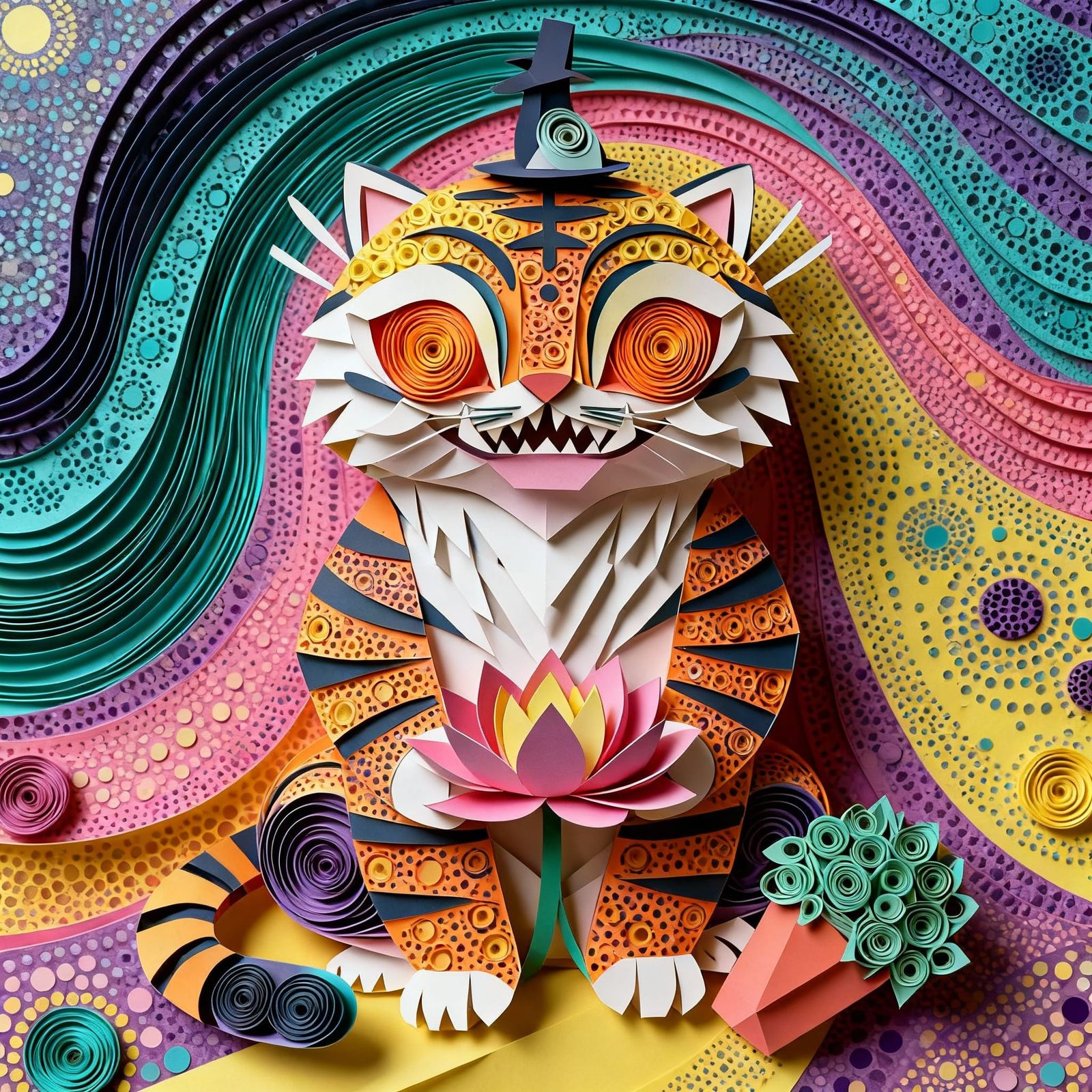 Surreal Kirigami Tiger Art with Lotus Flowers