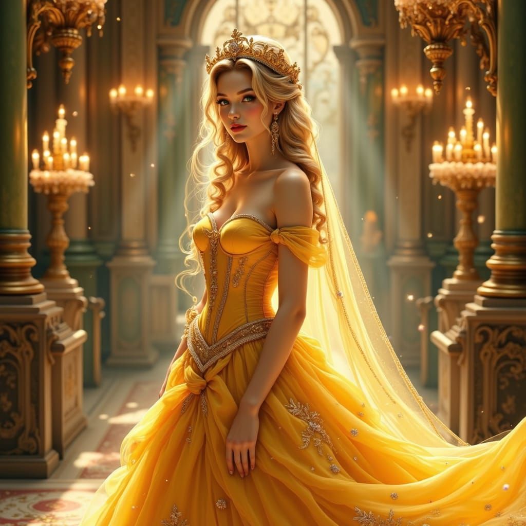 Blonde Princess in Yellow Gown with Golden Embroidery