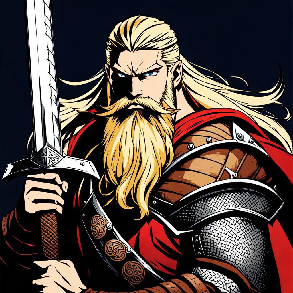 Anime Viking Warrior with Sword and Shield