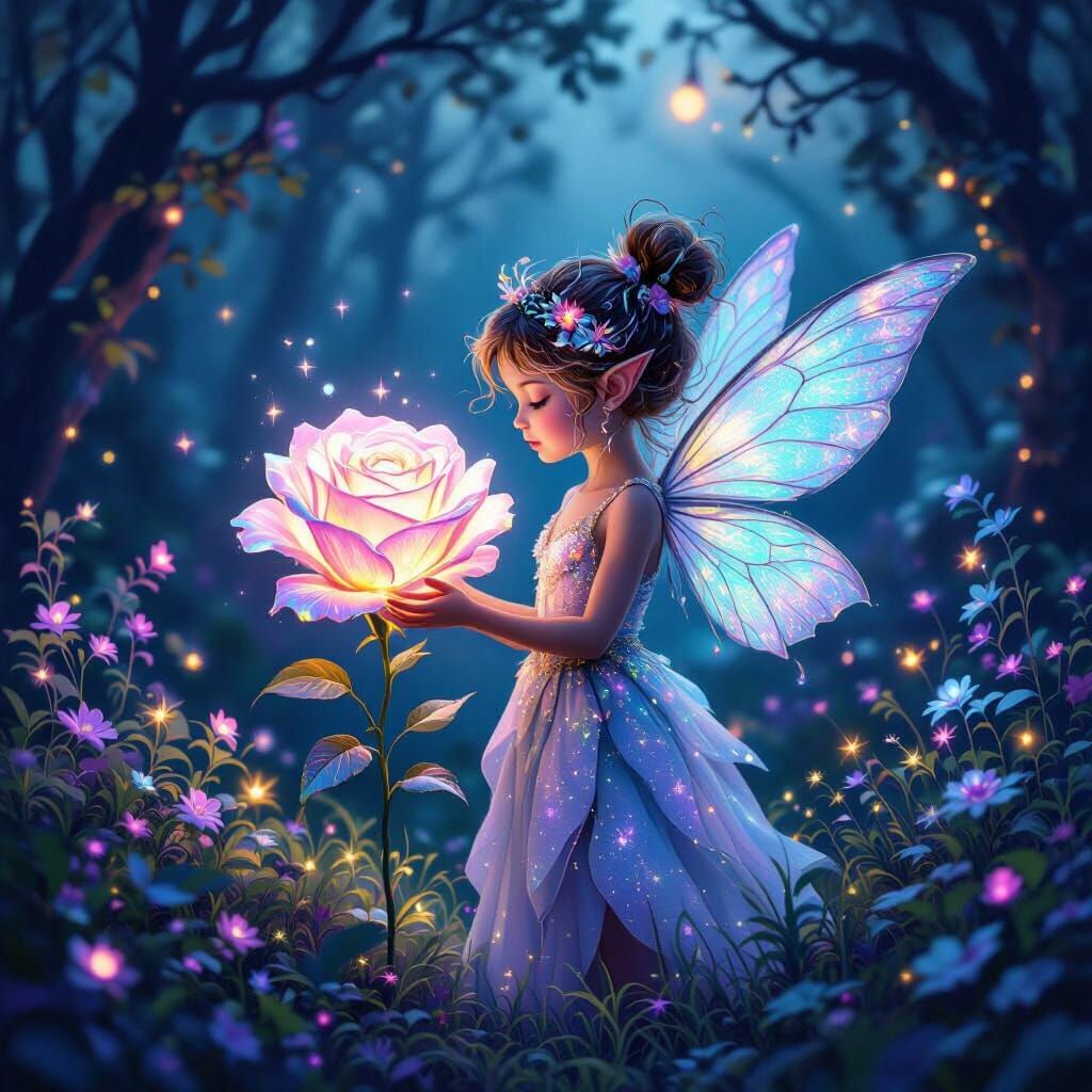 Ethereal Fairy with Giant Rose in Enchanted Twilight Forest