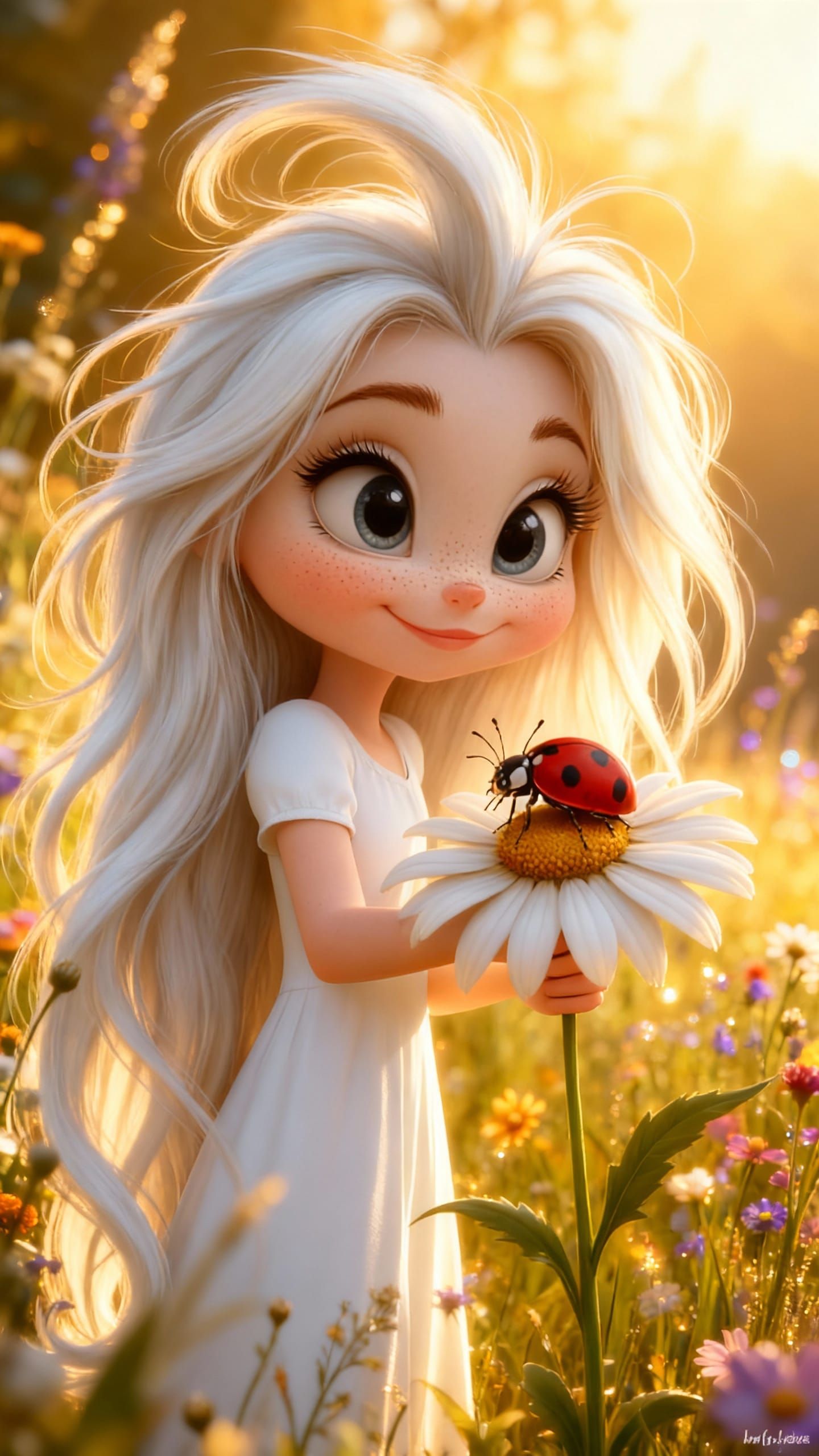 Adorable 3D Cartoon Girl in Magical Meadow