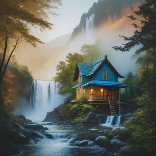 Colorful Abstract House by Waterfall in Expressionist Style