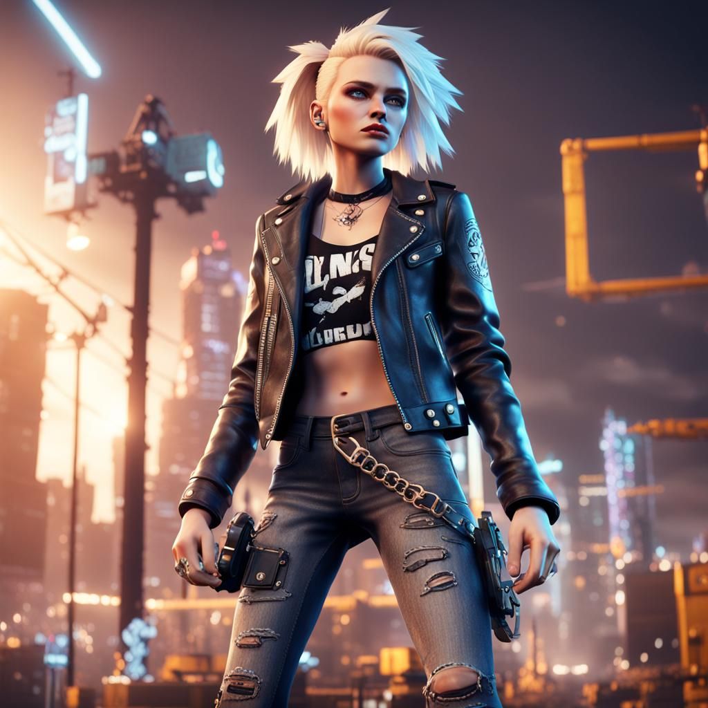 Blond Punk Rock Chic in 3D Game Cinematic Style