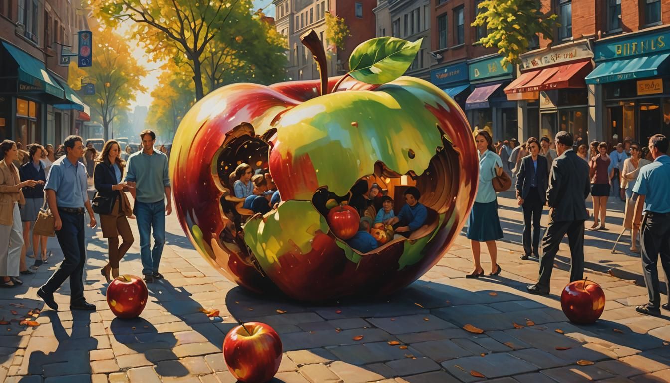 Giant Apple Feast: A Surreal Oil Painting