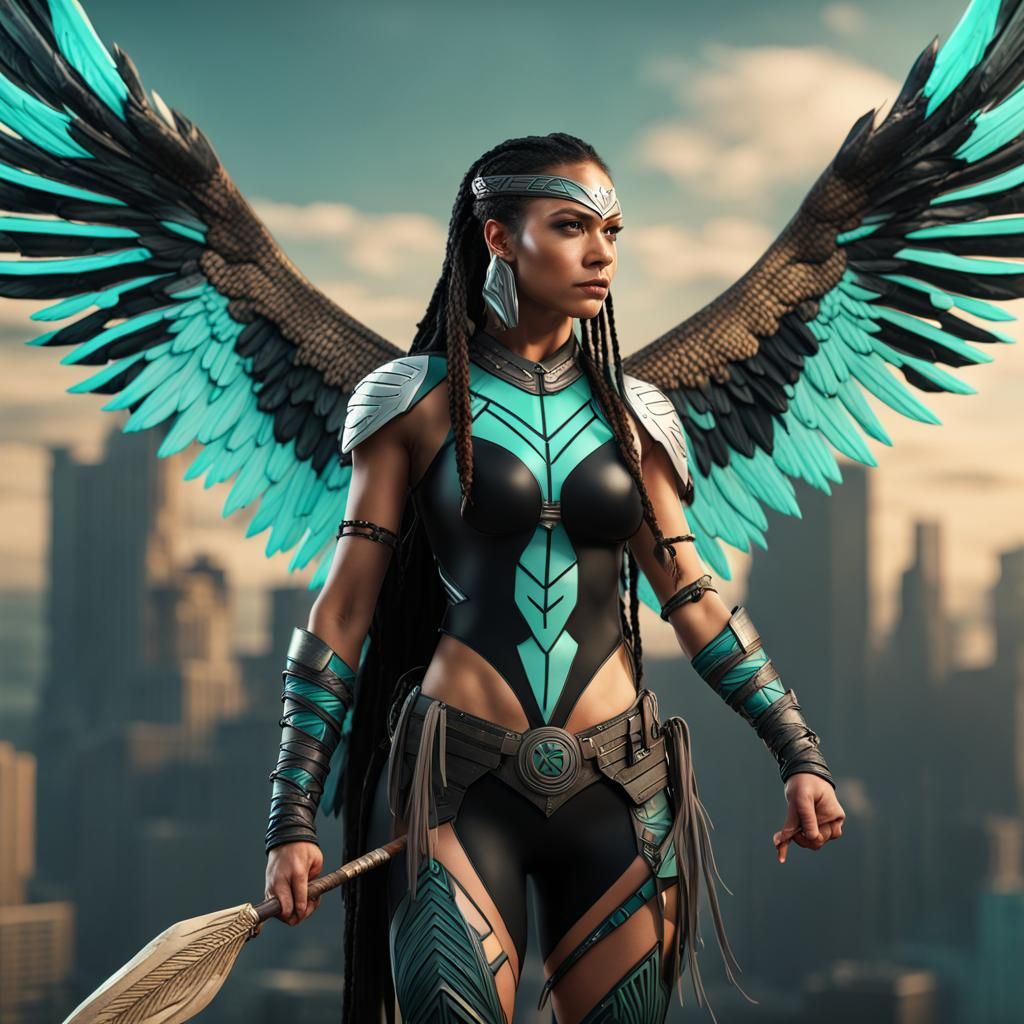 Winged Superhero Woman with Spear in Matte Painting