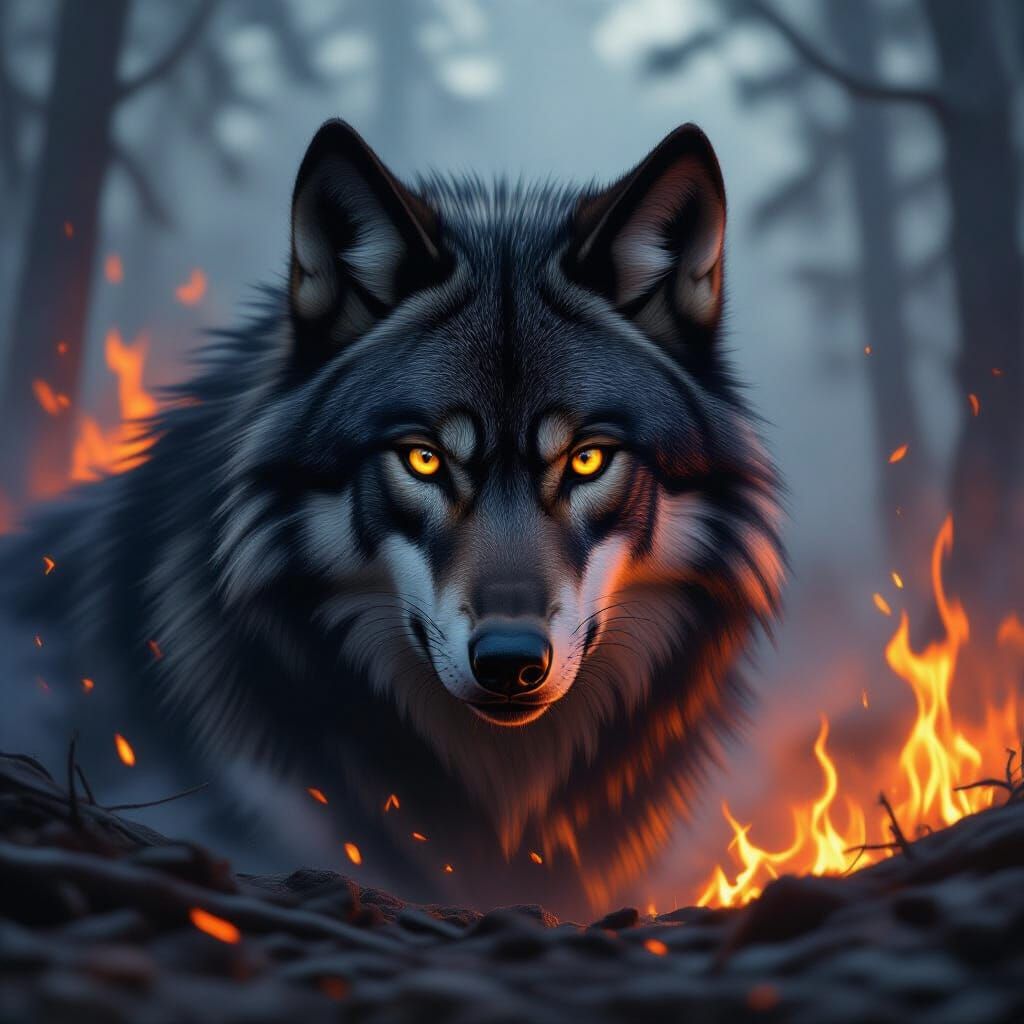 Wolf in Burning Forest: Dystopian Landscape