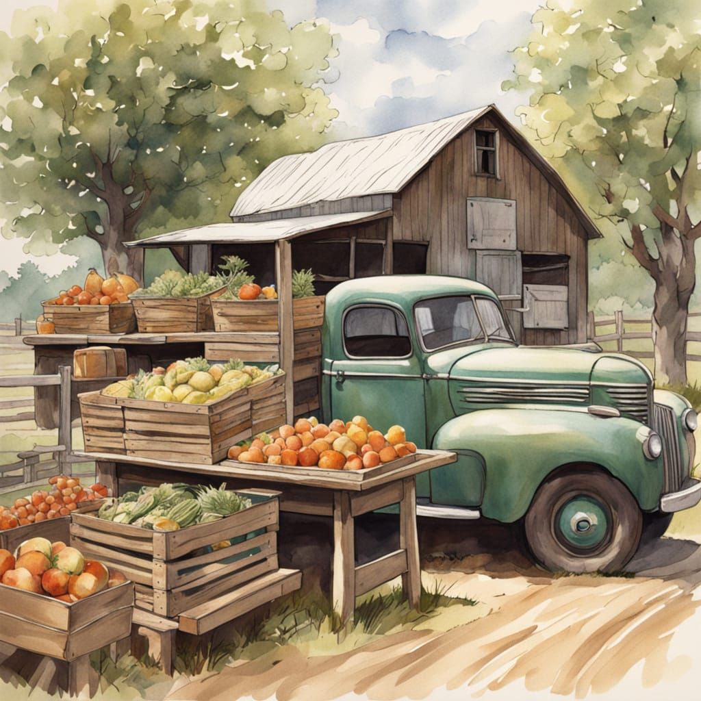 1950s Farmstand with Vintage Truck in Spring
