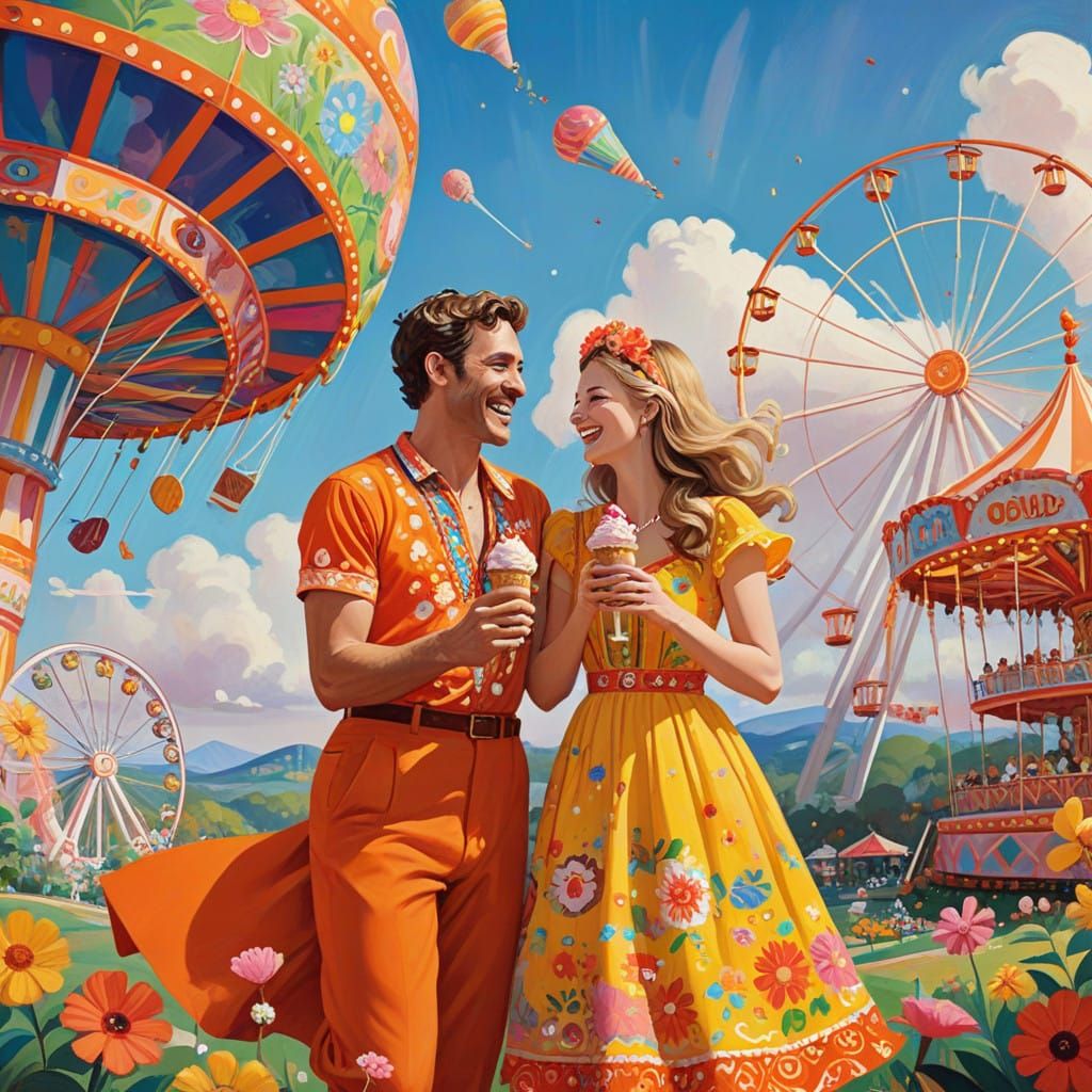Whimsical 1960s Hippie Fairground Scene in Vibrant Colors