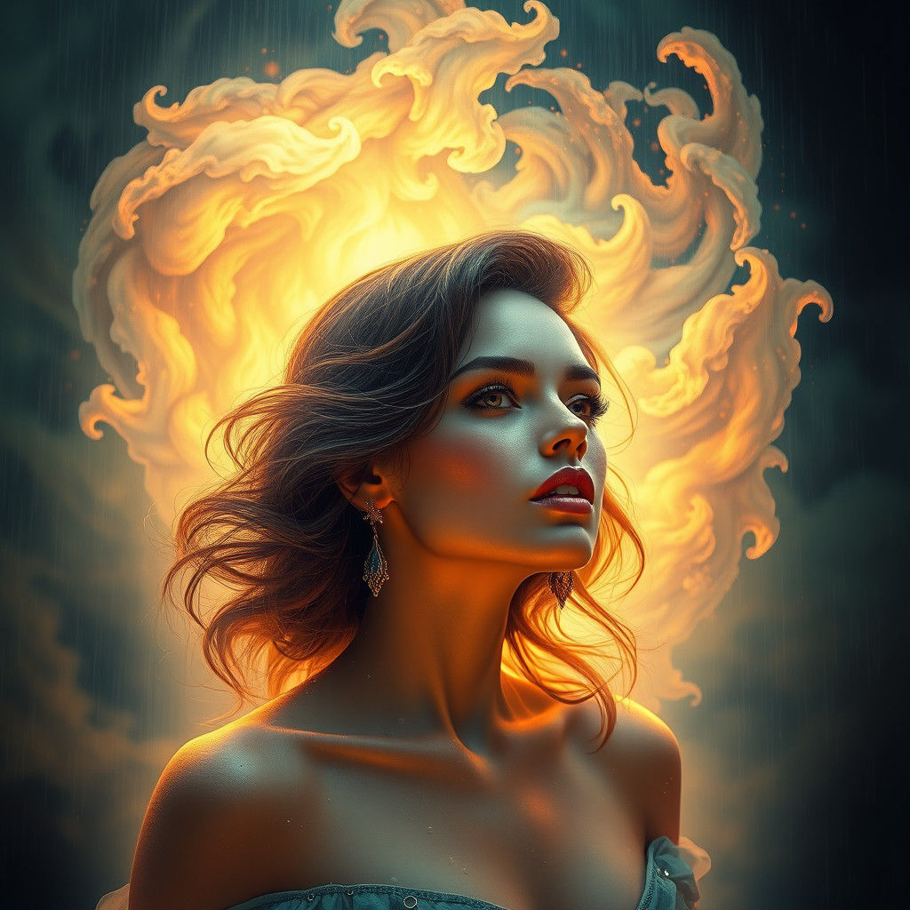 Ethereal Woman in Rain, Art Nouveau Portrait