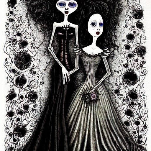 Gothic Mother and Daughter in Tim Burton Style