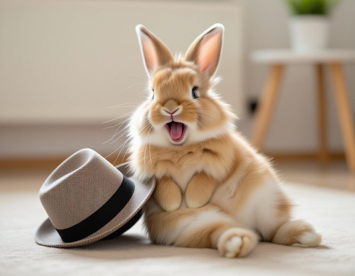 Laughing Bunny Holding Stomach, Hat Fallen Off