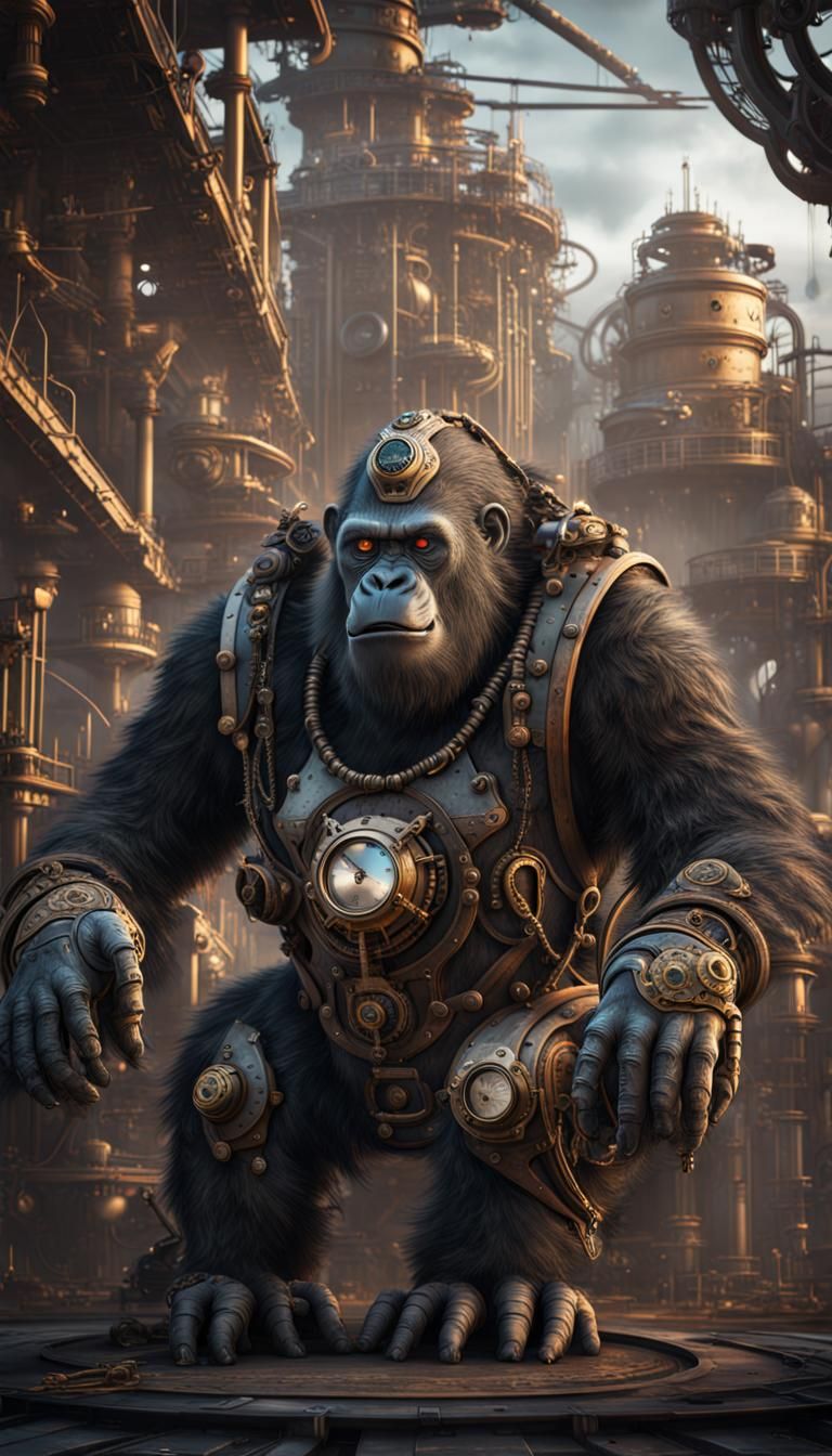 Steampunk Mechanical Gorilla in Detailed Matte Painting