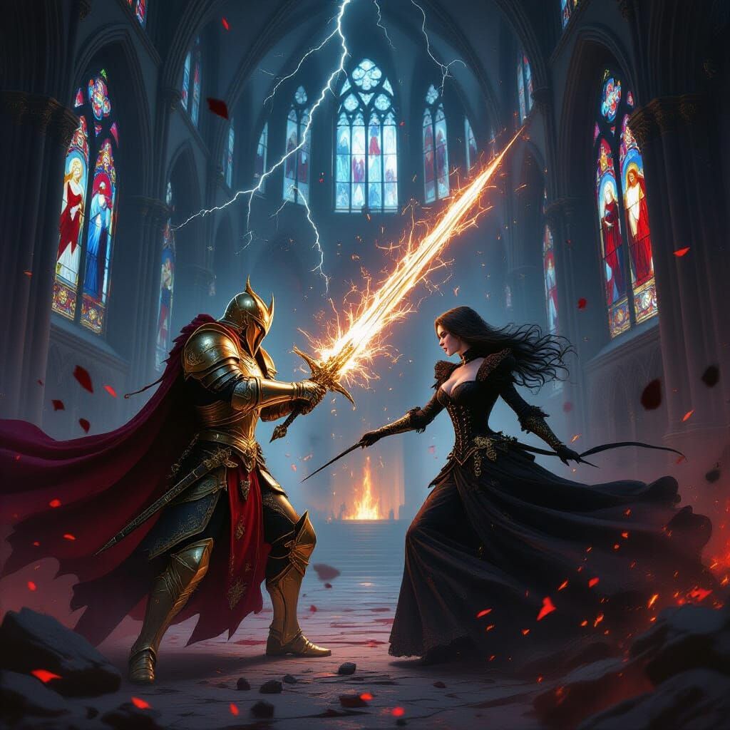 Paladin Battles Assassin in Shattered Gothic Cathedral
