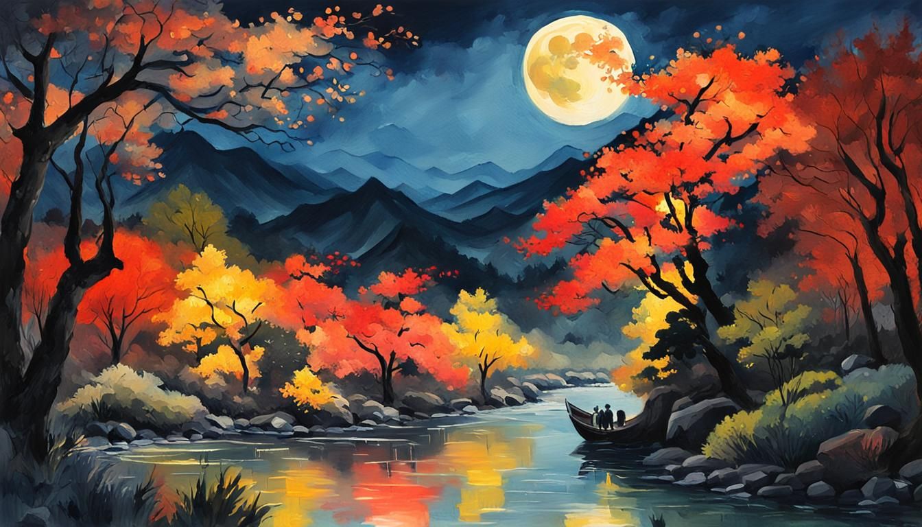 Gouache Painting: Chinese Spring River Autumn Moon