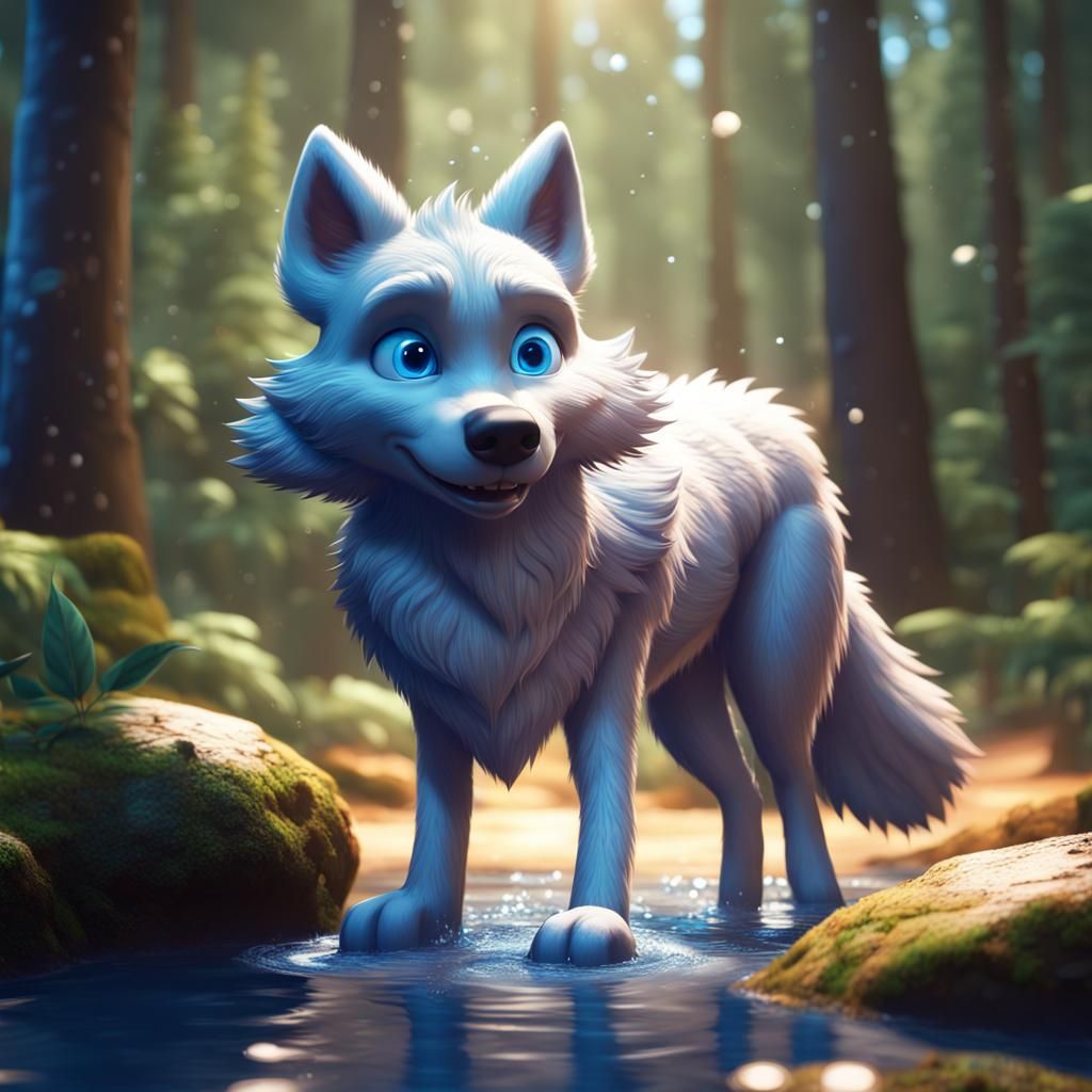 Fluffy Blue-Eyed Wolf Plays in Sunlit Forest