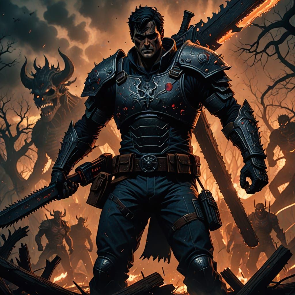 Ash Williams Stands Against Grotesque Demons in Hellish Land...