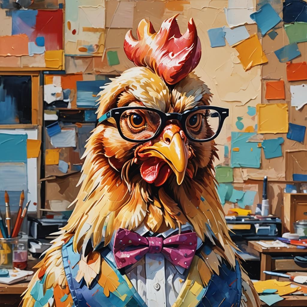 Funny Chicken Portrait in Gouache Style