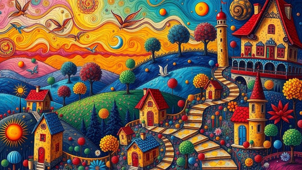 Surreal Zentangle Landscape with Fractal Forms