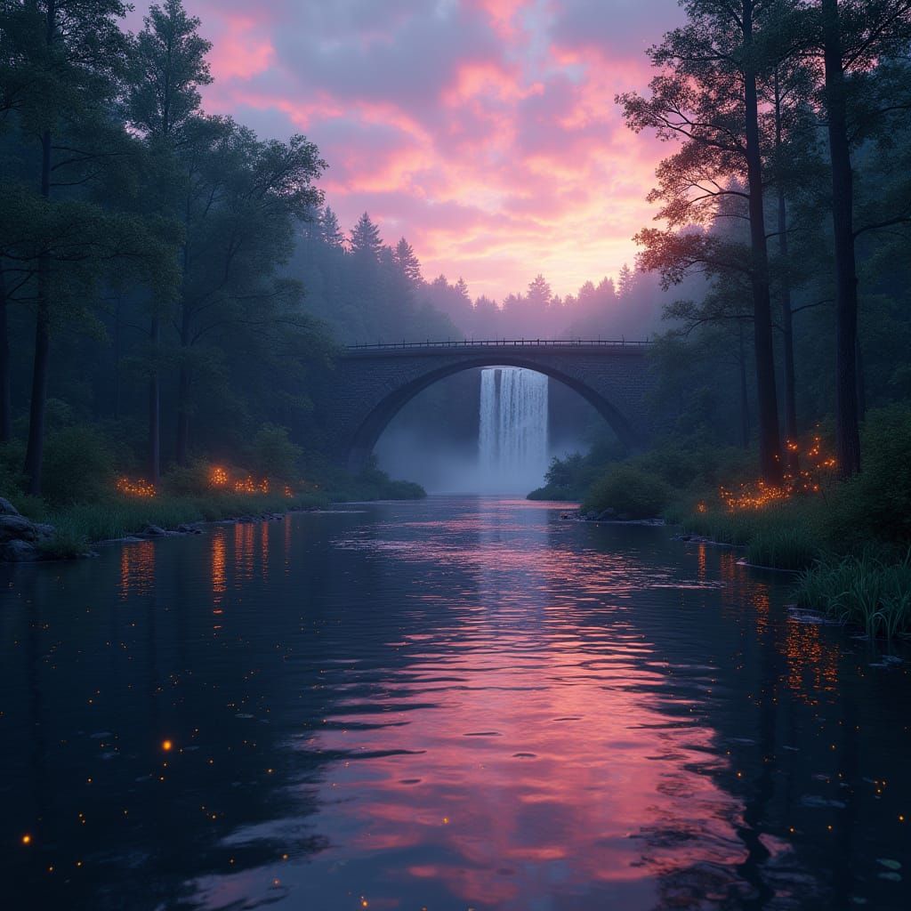 Twilight River Through Forest with Stone Bridge