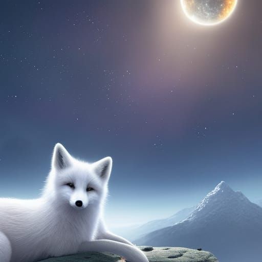 Adorable White Fox in Starry Sky: 3D Digital Art