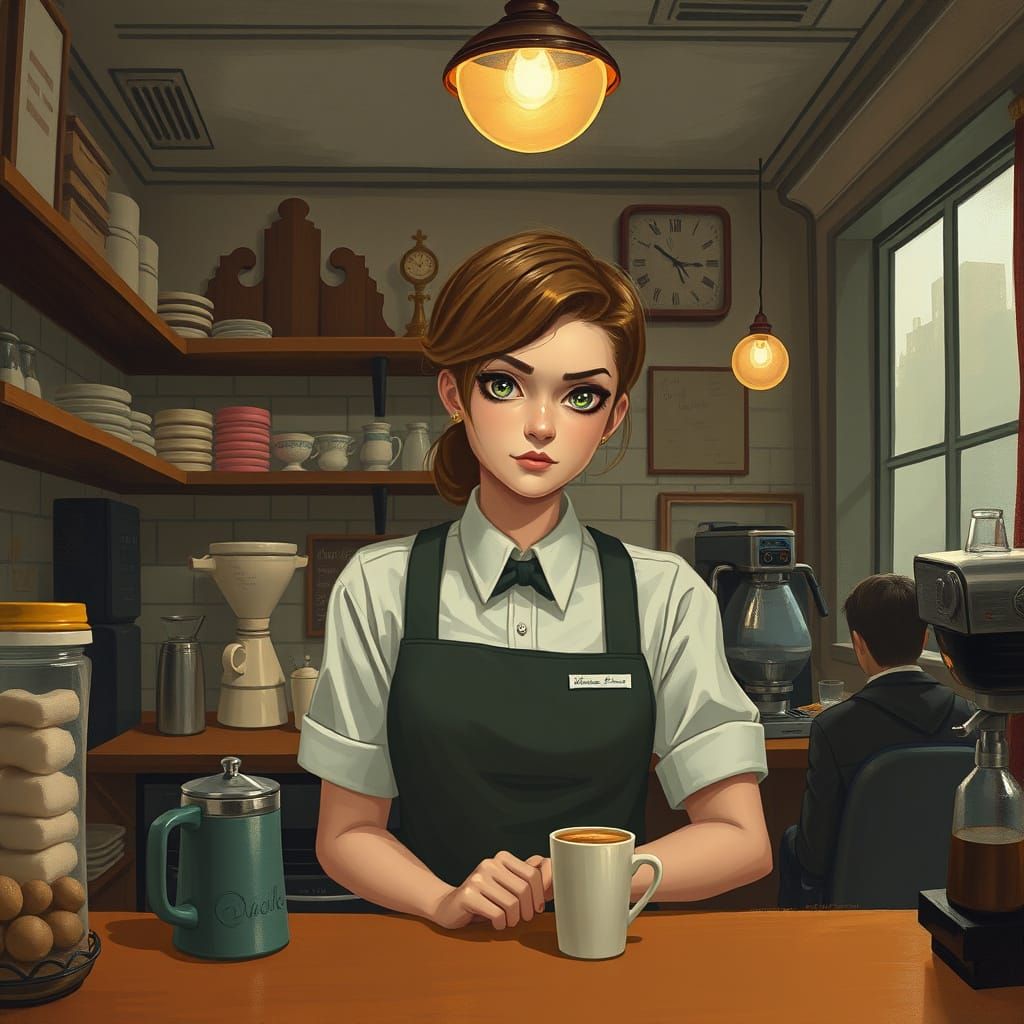 Barista's Secret Gaze in a Timeless Café
