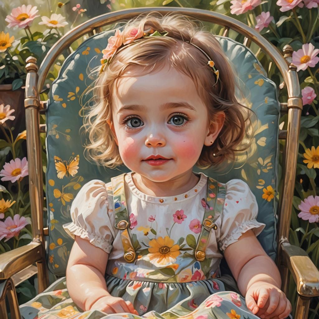 Cute Baby Girl in Garden, Oil Painting Style