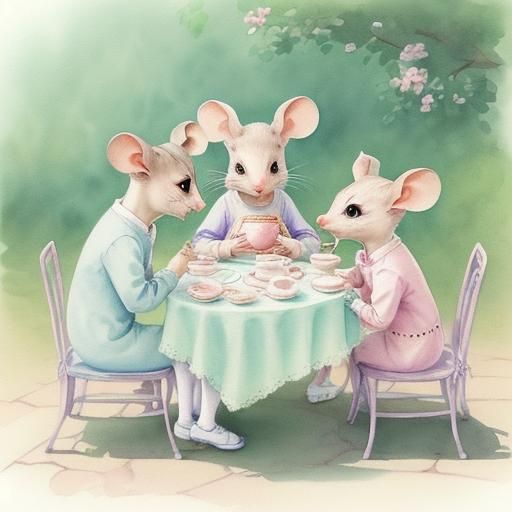 Watercolor Cartoon Mice Tea Party Sketch