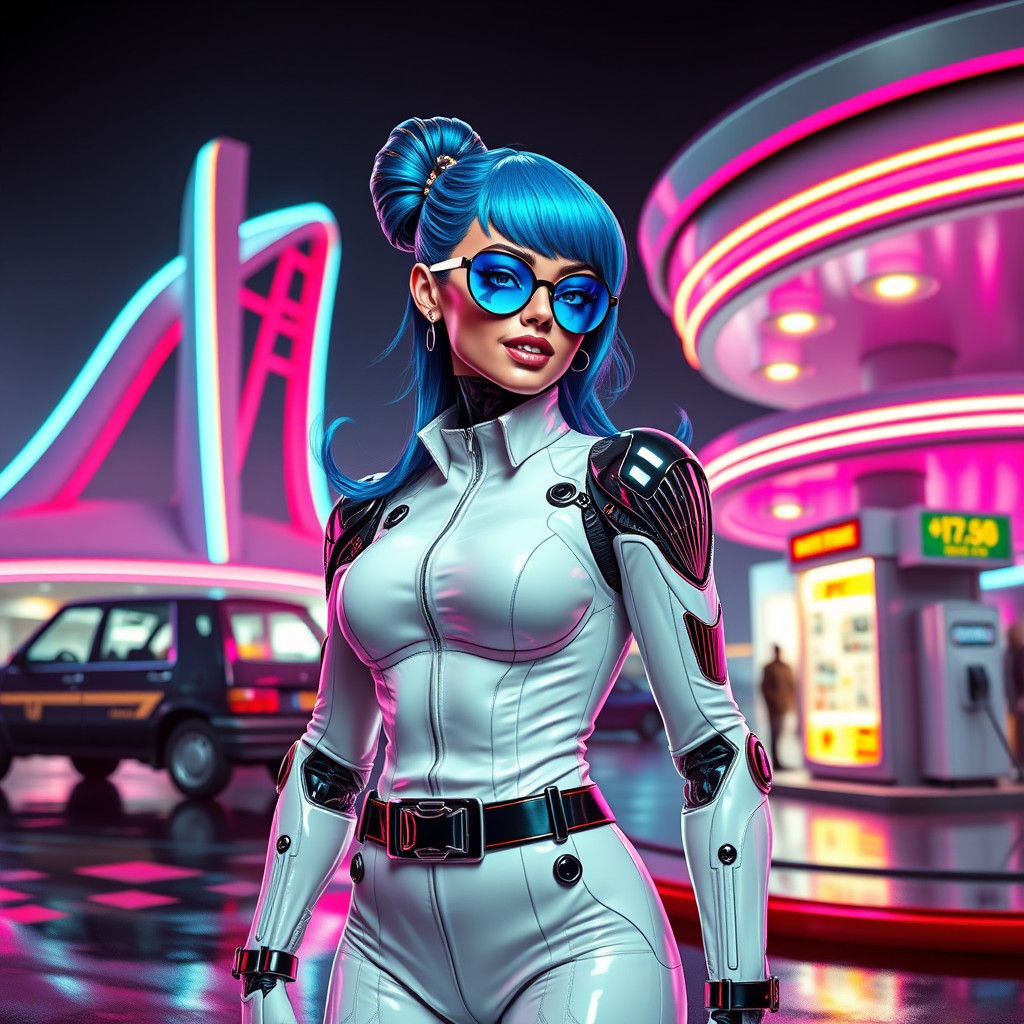 Retro-Futuristic Robot Pin-Up at Neon Gas Station