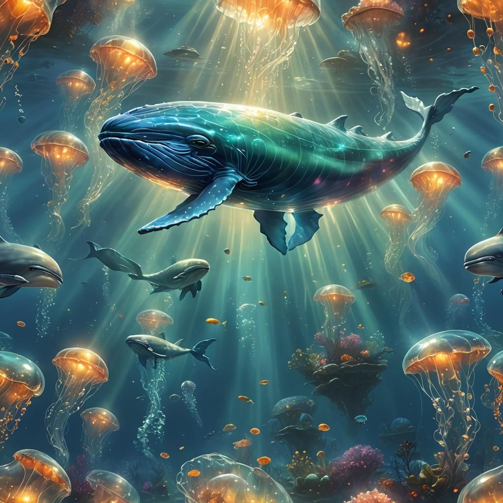 Underwater view of a huge fantastical glowing transparent gl...